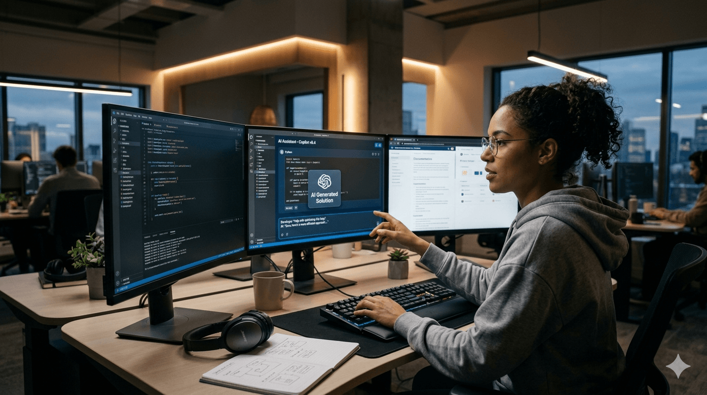 A developer working with AI-assisted tools in a modern 2026 coding setup